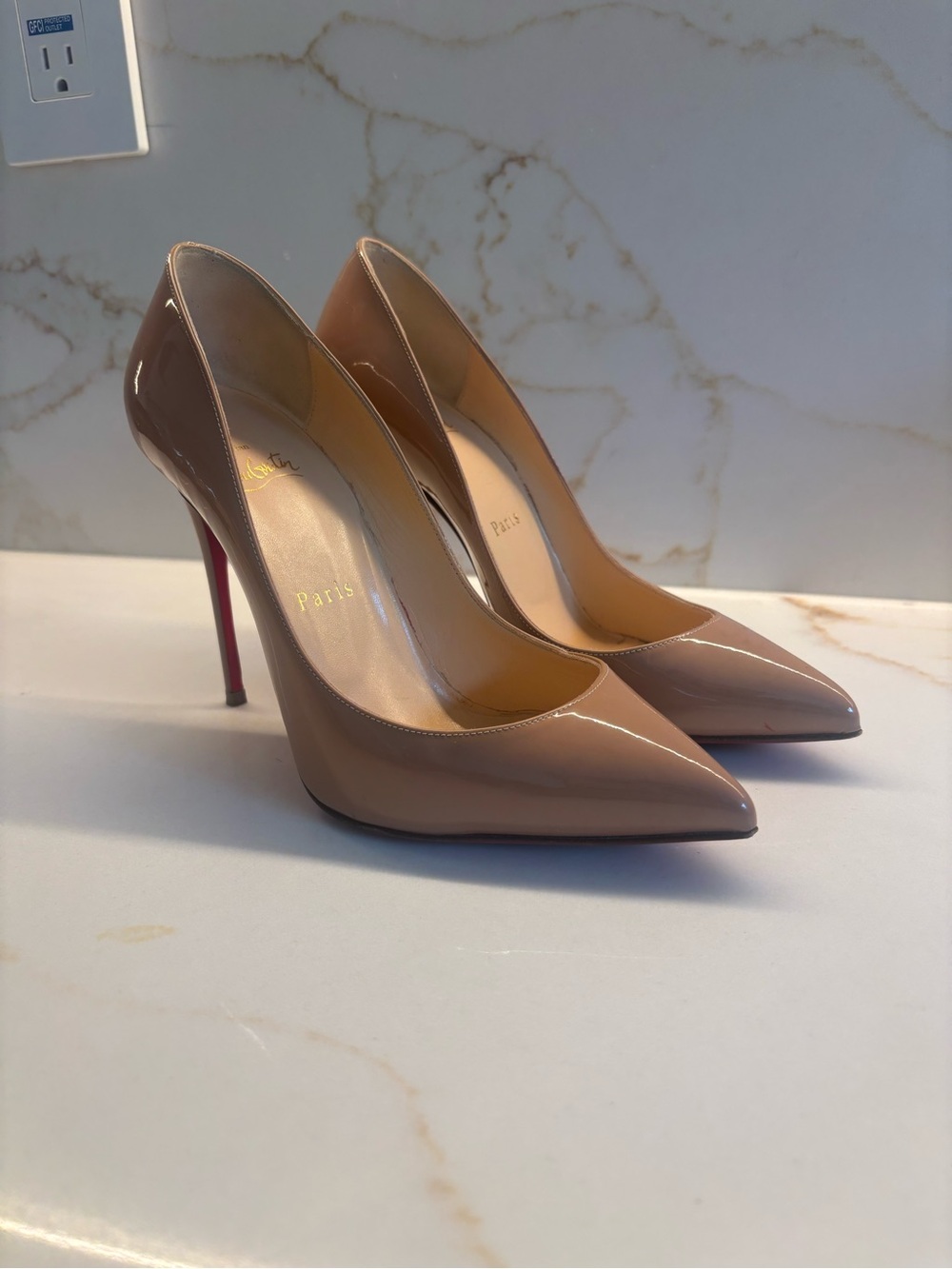 Christian Louboutin Nude Patent Pigalle 100 Pumps - Beige Patent with Red Sole